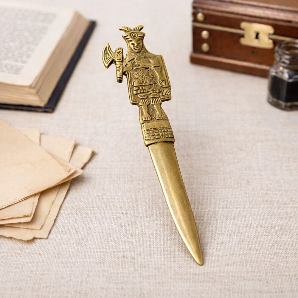 Vintage Brass‎ Peruvian Letter Opener With Tribal Design & Warrior Motif